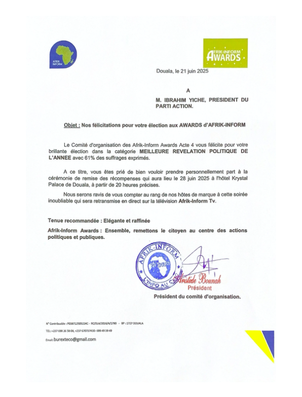 Afrik-Inform Awards 2025 : Ibrahim Yiche félicité par le Comité d’organisation pour sa brillante élection comme Révélation politique de l’année